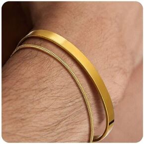 MBW Cuff & Chain Bracelet Set for Men, Cool Mens Sterling Silver/14K Gold Plated Non Tarnish Snake Link Chains & Open Bangle Bracelet, Fashion Stackable Jewelry Gifts for Dad Husband Silver Gold Black
