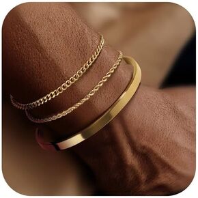 Bracelets For Men Gold Stainless Steel Bracelets Silver Bracelets 14K Gold Plated Cuff Link Chain Cuban Bangle Bracelet Set Mens Jewelry