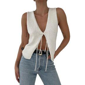 Women Tie Front Crochet Sweater Vest Top Y2k Sleeveless Knit V Neck Tops Casual Vintage Going Out Tops Streetwear