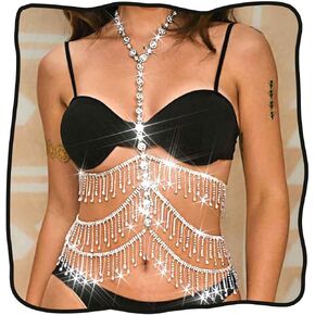 DRESBE Layered Rhinestone Waist Body Chain Silver Crystal Bikini Chest Chains Sparkly Body Jewelry Accessories for Women
