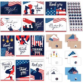 Decorably 120 Pack 6x4in Veterans Day Cards Bulk with Envelopes and Stickers, 12 Designs Military Thank You for Your Service Cards, Patriotic Thank You Cards Blank Inside
