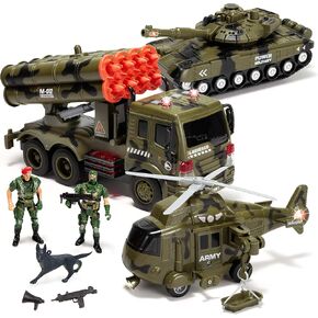 JOYIN 3 in 1 Friction Powered Siren Army Vehicle Toy with Action Figures - Military Truck, Helicopter and Tank Toy with Light and Sound Siren for Imaginative Play, Xmas Gifts for Kids