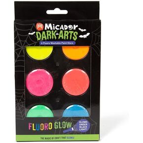 Micador Dark Arts Neon Glow Washable Paint Discs, 6-Color Set - Kids tempera painting with highly vibrant neon colors - Glows under blacklight - Ages 3+