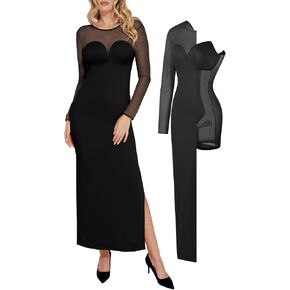 Popilush Long Sleeve Prom Maxi Dress for Women Mesh Shapewear Bodycon Dress Fall Tight Fitted Party Wedding Long Dresses