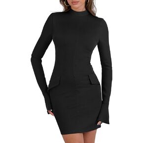 ANRABESS Women's Long Sleeve Mock Neck Sexy Bodycon Mini Dress Dressy Casual Elegant Formal Party Blazer Dresses with Pockets