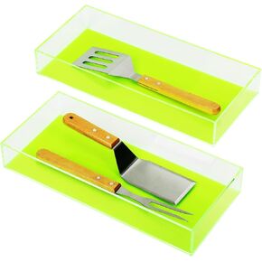 Silverware Drawer Organizer Acrylic Kitchen Utensil Holder Heavy Duty Stackable Cutlery Organizer in Drawer Silverware Tray Flatware Storage Box, 15.7’’ x 7’’ x 2.4’’ Set of 2, Neon Pink