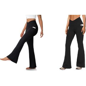 Women's Flare Leggings with Pockets Crossover High Waisted Bootcut Yoga Pants Bell Bottom Leggings