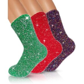 3 Pairs Sparkly Fuzzy Socks, Christmas Gifts for Women Men Stocking Stuffers, Cozy Fluffy Soft Slipper Socks, Thermal Plush Warm Thick Winter Crew Socks