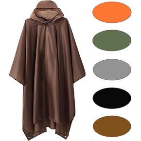 Hooded Rain Poncho with Pocket Waterproof Lightweight Unisex Raincoat Fishing Hiking-Black/Grey/Orange/Green/Brown