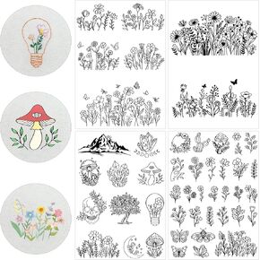 Water Soluble Stabilizer for Embroidery - CRASHOT 4 Sheets Flower Stick and Stitch Embroider Paper Wash Away, 48 Pcs Floral Wildflower Wreath Sunrise Embroidery Patterns, Suprise Hand Sewing Lover
