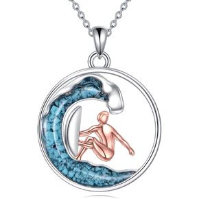 TIGER RIDER Wave 925 Sterling Silver Necklace With Turquoise Surfing Sports Theme Pendant Jewelry Gift for Women Men