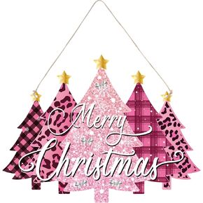 Capoda Pink Merry Christmas Door Sign Xmas Tree Wall Hanging Wooden Signs Decoration Farmhouse Front Door Hanging Plaque for Xmas Rustic Porch Front Indoor Outdoor Home Decorations 2024 Upgrade