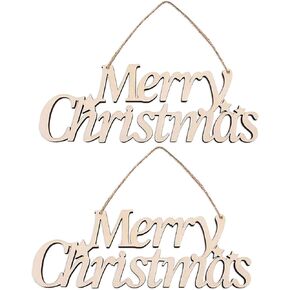 Creaides 2pcs Christmas Wood Signs Wooden Merry Christmas Hanging Sign DIY Block Words Decorative Signs for Wreath Home Door Wall Art Decorations (11x4.1 In)