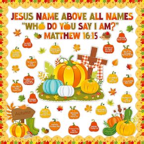 Autumn Fall Bulletin Board Decorations Jesus Names Pumpkin Cutouts Thanksgiving Christian Bulletin Board Religious for Kids Preschool Chalkboard Wall Fall Party Decor Sunday School Church
