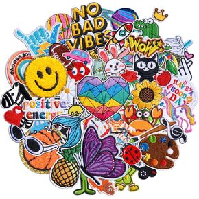 Embroidered Iron on Patches Applique 70pcs Assorted Styles Iron on/Sew on Patch for Clothes Hats Backpacks Fabric Cute Embroidery Patches for Clothing Jeans Pants DIY Accessories