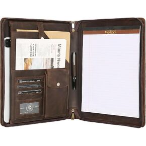 Leather Portfolio Binder with Zipper for Men Women, Leather Padfolio Business Resume Legal Pad Portfolio Organizer for A4/Pad, Leather Folio Leather Folder, Brown - Oil Black