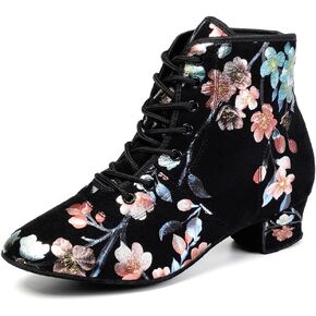 HROYL Women's Latin Dance Boots Low Heel Close Toe Ballroom Tango Performance Practice Teaching Dancing Shoes,LHD-GBNJB