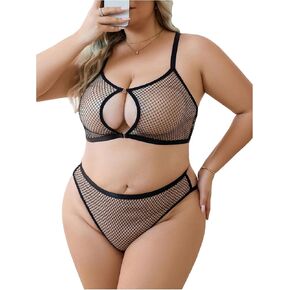 OYOANGLE Women's Plus Size 2 Piece Lingerie Set Fishnet Cut Out See Through Bra and Panties Sets