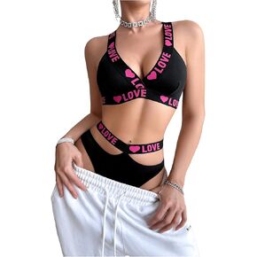 SOLY HUX Women's Lingerie Set Letter Heart Print Bra and Cutout Panty Underwear Sets