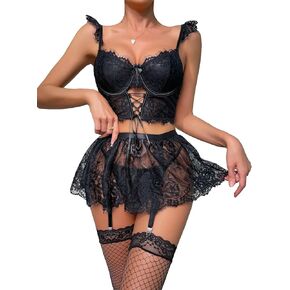 OYOANGLE Women's 5 Piece Babydoll Lingerie Set Teddy Babydoll Lace Up Bra and Panty with Stocking Sets