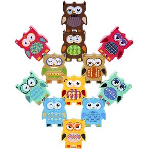 Berry President Stacking Toys, Owls Wooden Balancing Toy, Colorful Building Blocks Acrobatics Toy Set, Montessori Early Educational Game Toy for Toddlers Boys Girls (12 Pcs)
