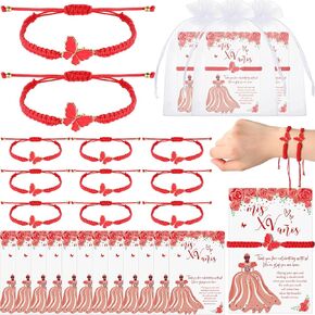 Wenqik 25 Pcs Quinceanera Butterfly Bracelet for Girls Teens Adjustable Strings Cute Butterfly Charms for Woven Bracelets Butterfly Accessories Quinceanera Party Favors (Red)