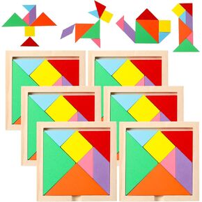 Meooeck 6 قطع Tangrams Classroom مجموعة Tangrams الألغاز الخشبية للأطفال Tangrams كتل منطق الدماغ مع 7 قطع ملونة لكل منها، ألعاب ممتعة هدايا تعليمية للأطفال والكبار (النمط الكلاسيكي)