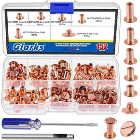 Glarks 150 Sets Bronze Chicago Screws Assorted Kit, M5 x 5mm, 6mm, 8mm, 10mm, 12mm Chicago Rivets and 4x4mm Flat Head Stud Screw, Nail Rivet Chicago Button Screw Posts Metal Accessories