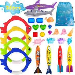 YMHB 26 Pcs Diving Pool Toys for Kids - Swimming Pool Toy with Storage Bag Includes Dive Rings Torpedo Gems Sea Animals, Summer Swim Fun Water Toys