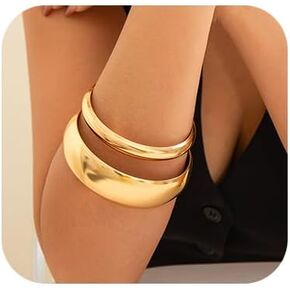 Denifery 2PCS Chunky Gold Bangle Bracelets Trendy Wide Chunky Cuff Bracelets Hammered Wrist Cuff Wrap Bracelet for Women