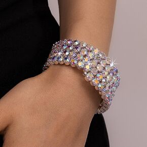 Chargances Multi Row Crystal Bracelet Stretch Aurora Borealis Rhinestone Bling Hand Chain Bangle Bridal Dainty Body Jewelry Accessories for Women and Girls (Style 3)
