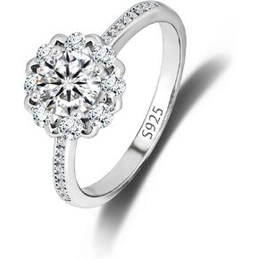 Women Moissanite Flower Engagement Rings: Solid 925 Sterling Silver 1 Carat Halo Wedding Ring for Lady- Gemstone Diamond Dainty Fashion Simple Eternity Promise Jewelry Gift for Her