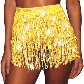 Sequin Tassel Skirt Belly Dance Skirt Sparkly Hip Scarf Skirt Halloween Rave Costume for Women Gold