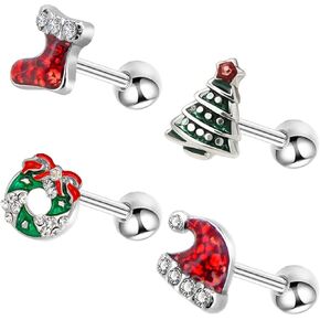 VERAMI 4Pcs 16G 316L Cartilage Earrings Stud Stainless Steel Christmas Tree/Wreath Christmas Hat/Boots Helix Tragus Conch Daith Piercings Earring Studs Jewelry for Women