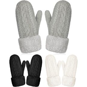 SATINIOR 3 Pairs Women Mittens Winter Gloves Warm Fleece Lining Mittens Cozy Thick Crochet Cable Knit Gloves Mitten Cold Weather Gloves for Women Girls, Black, White and Grey, about 10 x 3.9 inches