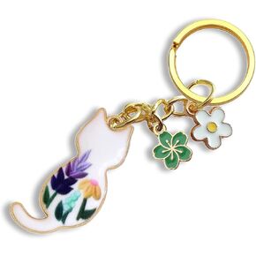 Agromusk Cute Cat Keychain,Enamel Flower Cat Keyring Japanese Decor for Garden Cat Lovers Kawaii Bag Charm Sakura Flowers