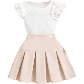 Floerns Girl's Two Piece Outfit Ruffle Trim Tee Shirt with Pleated Hem Skirts Set