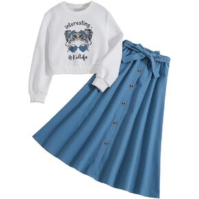 Girls autumn dress Character Print pullover Sweatshirt With Solid Button Front Skirt 2 piece outfit 7-13 Years