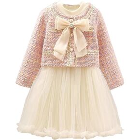 Little Girl's 2 Piece Outfits Button Front Long Sleeve Blazer Mesh Dress School Style Skirt Sets With bow tie