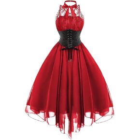 Women's Halter Neck Backless Chiffon High Low Dress Gothic Lace Patchwork Corset Waist Knee Length One Piece Party Prom Dress