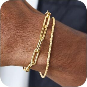 Mens Bracelet, 14K Gold Bracelets for Men Layered Paperclip Rope Chain Bracelets Set 6.5-9 Inches Mens Bracelet Gold Mens Jewelry Gifts for Dad Husband Boyfriend