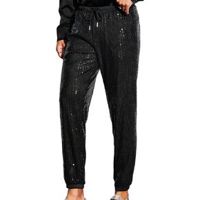 WDIRARA Men's Slant Pocket Contrast Sequin Drawstring Waist Long Solid Jogger Pants
