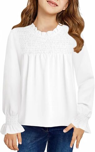 Haloumoning Girls Long Sleeve Shirts Kids Cute Pleated Crewneck Blouse Tunic Tops 5-14 Years in Saudi Arabia