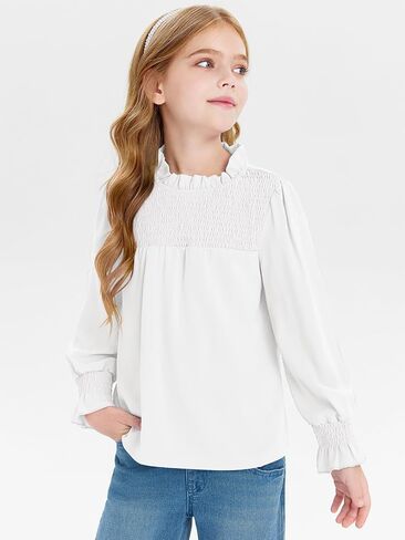 Haloumoning Girls Long Sleeve Shirts Kids Cute Pleated Crewneck Blouse Tunic Tops 5-14 Years in Saudi Arabia