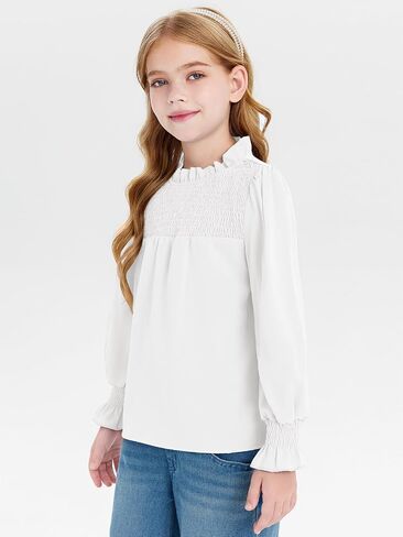 Haloumoning Girls Long Sleeve Shirts Kids Cute Pleated Crewneck Blouse Tunic Tops 5-14 Years in Saudi Arabia