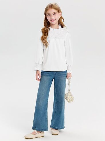 Haloumoning Girls Long Sleeve Shirts Kids Cute Pleated Crewneck Blouse Tunic Tops 5-14 Years in Saudi Arabia