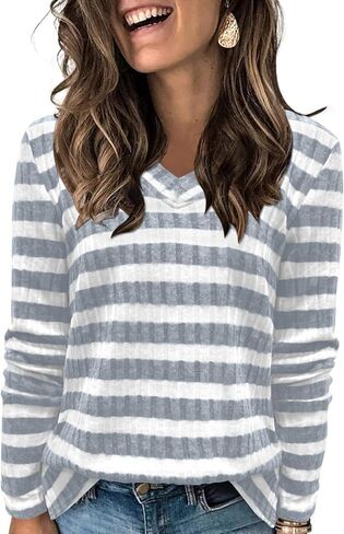 DouBCQ Womens Long Sleeve Shirts Casual V Neck Tunic Tops Fashion Loose Fall Sweaters in Saudi Arabia