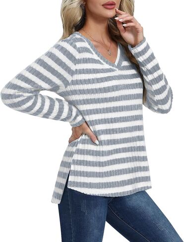 DouBCQ Womens Long Sleeve Shirts Casual V Neck Tunic Tops Fashion Loose Fall Sweaters in Saudi Arabia