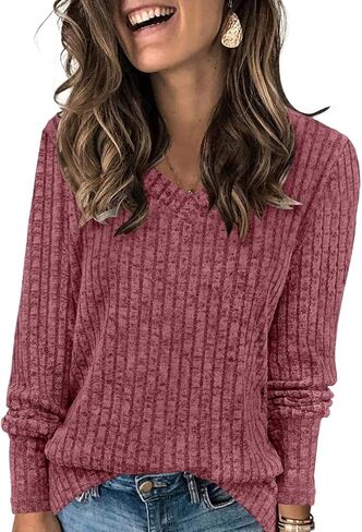 DouBCQ Womens Long Sleeve Shirts Casual V Neck Tunic Tops Fashion Loose Fall Sweaters in Saudi Arabia