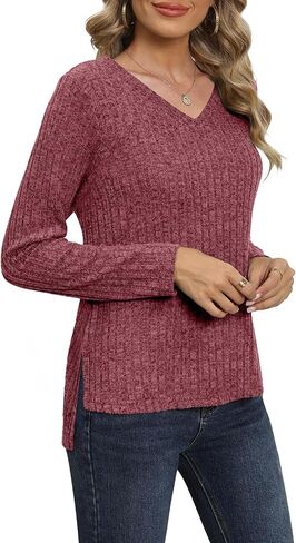 DouBCQ Womens Long Sleeve Shirts Casual V Neck Tunic Tops Fashion Loose Fall Sweaters in Saudi Arabia